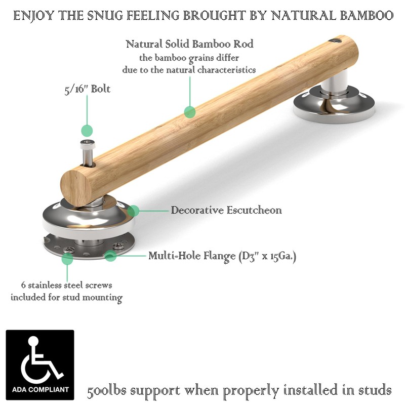 AquaChase Natural Bamboo Grab Bar for Bathroom & Toilet, ADA