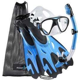 Phantom Aquatics Italian Collection Legendary Panoramic View Mask Fin Dry Snorkel Set with Deluxe Snorkeling Gear Bagâ¦ (Arctic Blue, S/M, 5-8)