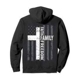 Faith Family & Freedom - Christian USA Cross Flag -ON BACK Pullover Hoodie