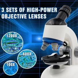 Science Microscope Kits for Kids 100X-1200X with Foldable Table Portable Carrying Box Slides LED Light STEM Educational Experiments Beginner Toys Kits for Students Lab 6+ (White)