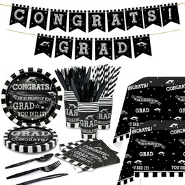 HIPEEWO 146 Pcs Graduation Party Supplies 2025 Tableware - Graduation Decorations Dinnerware Set Includes Banner,Tablecloth, Cutlery,Plates, Napkins, Cups, Straws, Congrats Grad Party Supplies