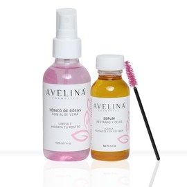 AVELINA COSMETICS Kit Serum Alargador de Pestañas y Cejas 100% natural 60 ml. Incluye Tónico de Rosas con Aloe Vera 120 ml.