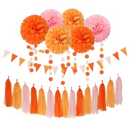 Lasting Surprise Pink-Orange Groovy Party-Decorations Pom-Poms Streamers - 23pcs Fall Autumn Thanksgiving Harvest Tissue Tassel Garland Banner,Birthday Baby Bridal Shower Engagement Wedding Decor Lasting Surprise