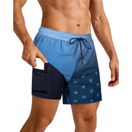 SURF CUZ Mens Swim Trunks with Compression Liner Mens Swimming Trunks 5 Inch Bathing Suit with Zipper Pockets Quick Dry Swim Shorts American Flag Blue Medium