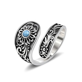 Teppdfann Silver Vintage Turquoise Spoon Ring - Boho Open Ring with Floral Carving, Adjustable Turquoise Jewelry for Christmas Gift