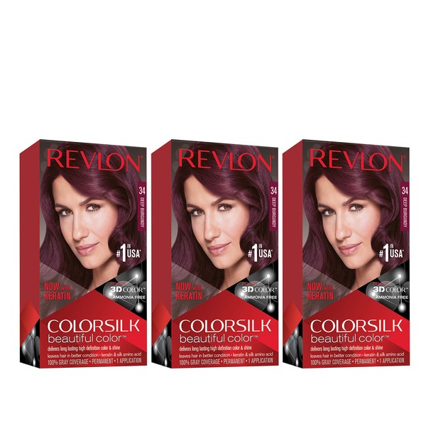 Revlon Colorsilk Beautiful Color Permanent Hair Color with 3D Gel Technology & Keratin, 100% Gray Coverage Hair Dye, 34 Deep Burgundy, 4.4 oz (Pack of 3)