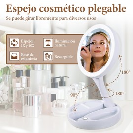 COTIACCV Espejos para Maquillaje, Espejo con Luz, Espejo de Aumento Double Sided 1X/10X, Plegable y Portátil, Carga USB, Utilizarse como Pequeña Lámpara Sobremesa, Nocturna y Luz de Viaje.