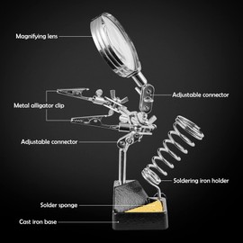 Noah 3-in-1 Helping Hands Magnifier with Dual Adjustable Alligator Clips in 2.5X Magnifying Glass with Soldering Iron Holder and Cleaning Sponge, for Welding, Jewelry ,Clamping in Electronics