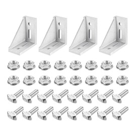 sourcing map 4Set Inside Corner Bracket Gusset Kits, 88x88x42mm 4590 Angle Connector for European 4545/5050 Series Aluminum Profile (Silver/ 16 x Hex Flange Nuts & T-Slot Screws)