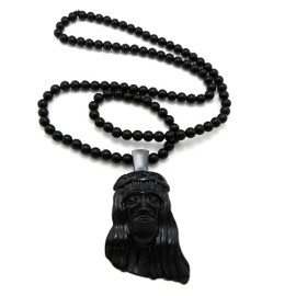 NYFASHION101 Jesus Face Pendant w/ 8mm 30" Black Acrylic Bead Necklace, Black-Tone