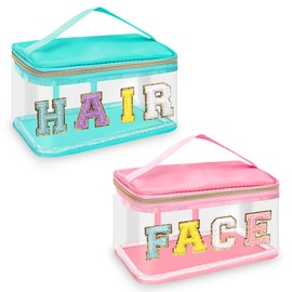 2 Pcs Chenille Letter Clear Makeup Bags FaceHair Pouch, Preppy Patch Travel Face Bag Zipper with Handle, Travel Hair Bags for Hair Stuff Waterproof Cosmetic Toiletry Storage for Women Girl(HAIR+FACE)