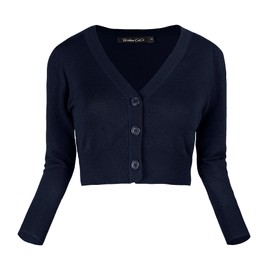 Urban CoCo Women's Cropped Cardigan V-Neck Button Down Knitted Sweater 3/4 Sleeve, Navy, X-Large