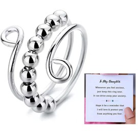 JINJIASC Swivel Opening Rings Women, Drive Away Your Anxiety Rainbow Beads Fidget Spinner Rings, Adjustable Anxiety Ring for Daughter, Gift to Women and Girls (Silver)