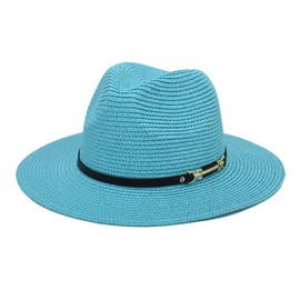 Mens Classic Wide Brim Straw Panama Hat with Belt Buckle for Outdoor Beach Travel, Deep Blue
