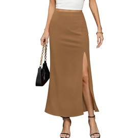 Missufe Women's Maxi Skirt Long Elegant Summer Skirts High Waist Slit Skirt, khaki