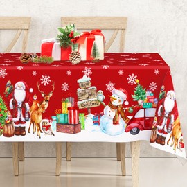 AnyDesign Christmas Tablecloth 60 x 104 Inch Red Snowman Snowflake Table Cover Seasonal Rectangle Winter Farmhouse Table Cloth