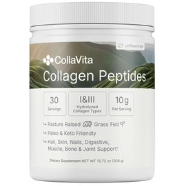 Colla Vita Collagen Peptides Powder Grass-Fed Pasture-Raised Hydrolyzed Collagen Powder, Type I & III Hair, Nails, Skin and Joints, Non-GMO, Paleo & Keto, Unflavored, 10 Fl oz. 30 Servings