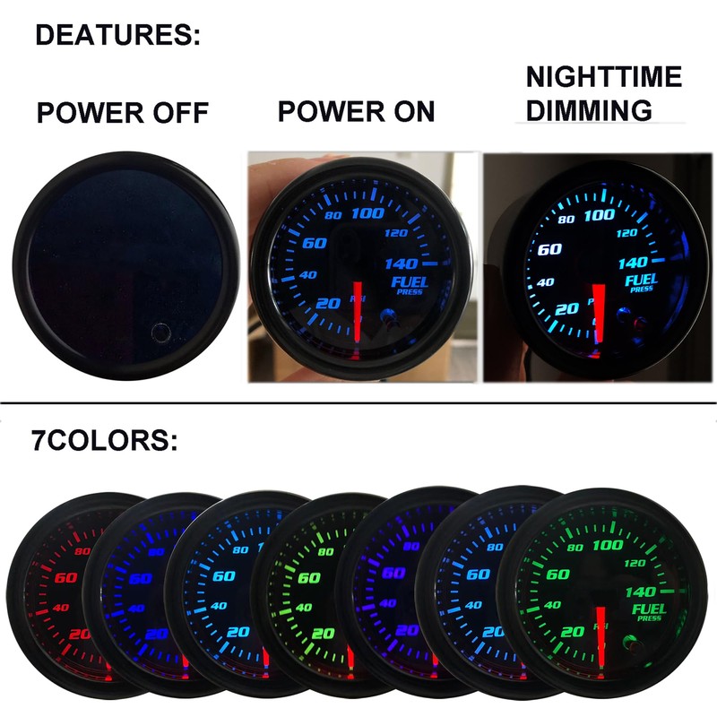 2-1/16" 52mm Fuel Press Gauge Tinted 7 Color 0-140 PSI