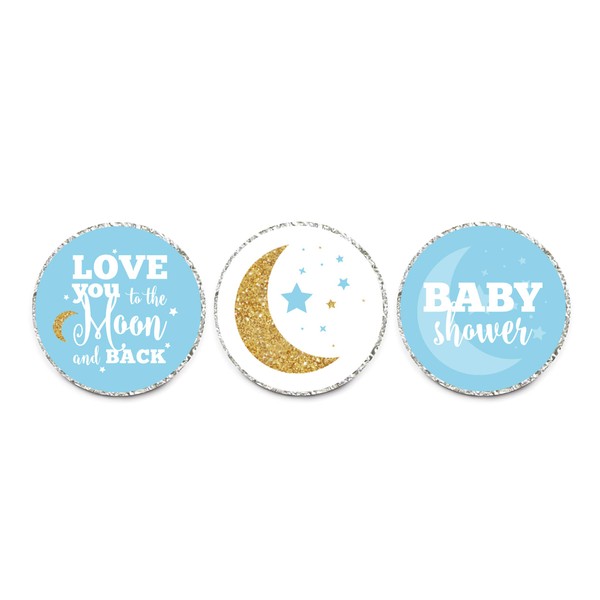 Andaz Press Chocolate Drop Labels Trio, Boy Baby Shower, Love You to The Moon and Back, Baby Blue, 216-Pack, Fits Kisses Party Favors, Twins, Decor, Decorations