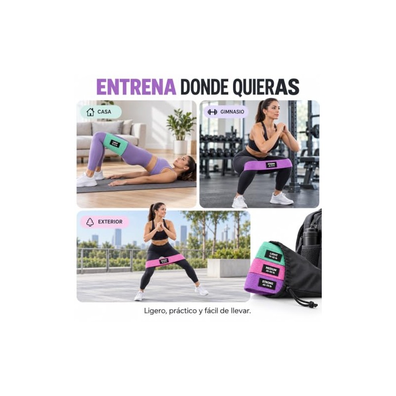 Bandas de Resistencia para Ejercicio, Set de 3 de Tela