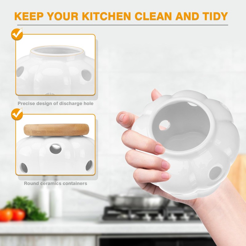 BESTONZON White Stoneware Garlic Keeper Bamboo Lid Round Ceramics Garlic