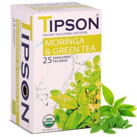 Tipson Organic Moringa Tea - Organic Green Tea - 25 Premium Double Chambered Bags - Superfood Tea - Keto/Paleo Diet Compatible