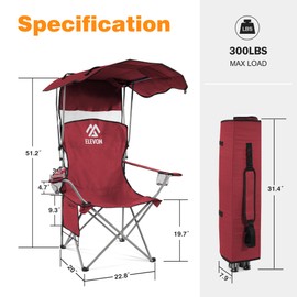 Elevon Camping Chair, Oversized Folding Chair with Canopy, Portable Outdoor Chair with Arms, Cup Holder and Carry Bag for Camping, Fishing, Beach, and Sports, Red
