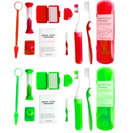 Wenge Portable Orthodontic Oral Care Kit - 2Pack - Travel Kit for Patients, Interdental Brushing Wax Floss Toothbrush Cleaning (Red_Green)
