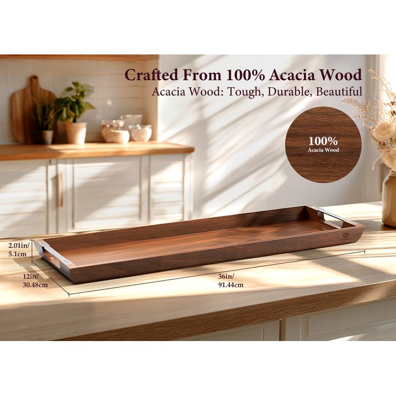 Dofira Large Acacia Wood Serving Tray with Metal Handles -