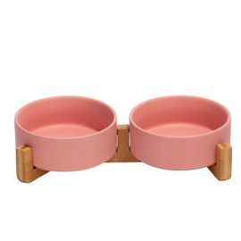 SPUNKYJUNKY Ceramic Dog and Cat Bowl with Wood Stand Non-Slip Matte Glaze Weighted Food Water Set for Cats &Small Dogs 13.5 OZ