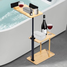 3 Layer Bath Tub Tray Table, Liftable Freestanding Bamboo Bath Tray Caddy for Tub Against Wall, Bath Table Tray Tub Shelf Bathroom Organizer Shelf for Luxury Spa and House Warming New Home