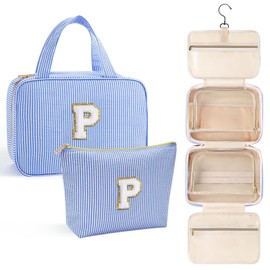 YOOLIFE Hanging Toiletry Bag for Women - Travel Toiletry Bag Makeup Bag, Portable Toiletries Cosmetic Bag, Airplane Travel Essentials - Letter P, Blue
