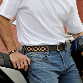 PELPE Argentine Leather Belt with Matching Cord and Leather Wristband Embroidered Leather Belt for Men and Women Argentine Polo Belt, Blue-beige-red