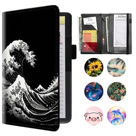 Server Books for Waitress, Waitress Book with Elastic Bandage Closure PU Leather Organizer with Zipper Money Pocket Fit Server Apron, Japanese Sea Wave