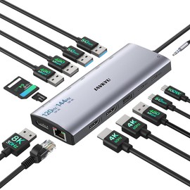 Triple Monitor Docking Station, 14-in-1 USB C Hub with DP 8K@30Hz/4K@144Hz, Dual HDMI 4K@60Hz, 100W PD, 7 USB Ports, SD/TF Card Reader, Gigabit Ethernet for MacBook & Windows Laptop