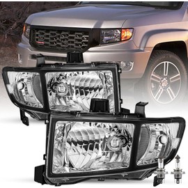 SOCKIR - For 2006-2014 Honda Ridgeline [Halogen Type w/Bulbs] OE Style Headlight Headlamp Assembly Replacement Set Driver and Passenger Side (Black Housing with Clear Reflector)