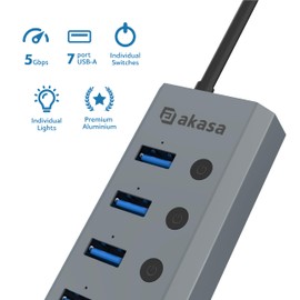 Akasa Powered USB Hub, Aluminium 7 USB Port with 3.2 Gen 1 (5Gbps) Superspeed and Individual Switch for PC Laptop, Desktop and More, Both UK/EU Plugs Included, AK-HB-21BKCM