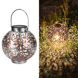 Navaris Metal LED Solar Lantern Outdoor with Carry Handle 21 cm Fascinating Shadow Effect Oriental Garden Solar Lantern Garden Decoration Lamp, Silver, 16cm