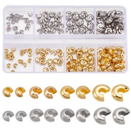 Beebeecraft 200Pcs 8 Style Crimp Beads 4/5.5/6.5/8mm 18K Gold Plated 304 Stainless Steel Knot Covers Half Round Open Crimp Bead for Jewelry Making Bracelet Necklace DIY Crafts Findings