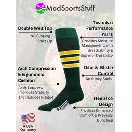 MadSportsStuff Dugout 3 Stripe Baseball Socks (Dark Green/Gold/White, X-Large) - Dark Green/Gold/White,X-Large