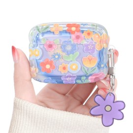 Newseego Airpods Pro Case Cover for Girls Women, Cute Flower Pattern Wave Frame Soft TPU Shockproof Full Protection Cover with Keychain for Airpods Pro Charging Case
