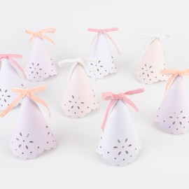 Meri Meri Broderie Anglaise Lace Party Hats (Pack of 8), Pastel Colors with Lace Design and Velvet Bows, Great for Princess Party Hats, Bridal Showers, and More, 3 x 5.5 x 3 inches