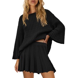 SENSERISE Womens Sweater Skirt Set 2 Piece Outfits Long Sleeve Pullover Top Ribbed Knit Lounge Dresses(Black,S)