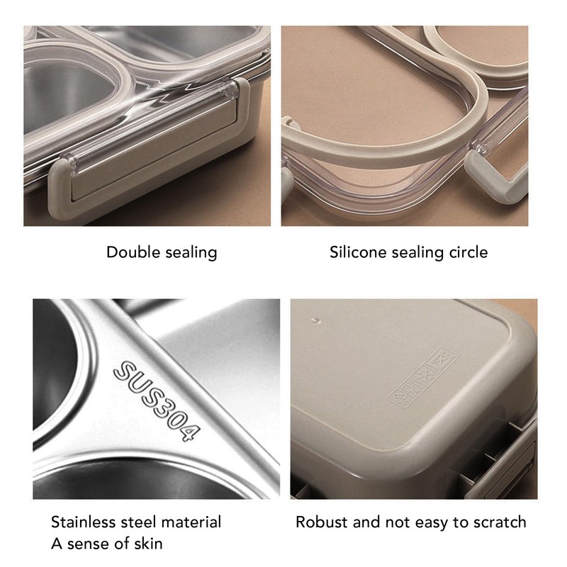 Lunch Box, 1.2L Khaki Stainless Steel Lunch Container 3 Compartments