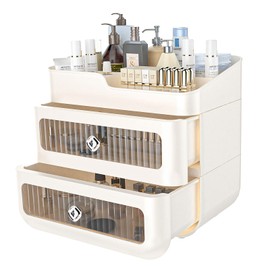 Yawinhe Makeup Organizer for Vanity, Cosmetics Skincare Organizers with Lid and Drawers, Cosmetic Display Cases with 2 Drawers and 1 Tray, for Cosmetics, skincare, Lipsticks, Nail Care SNH203C