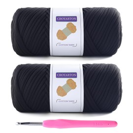 2 Pack T Shirt Yarn for Crocheting with 1 Crochet Hook, Elastic Tshirt Yarn for Crochet Bag/Baskets/Home Decor, Spaghetti Yarn Thick Knitting Yarn Total Length 130 Yds, Weight 14 Oz (Black)