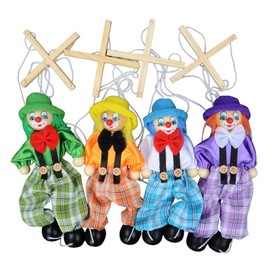 Acaino Pack of 4 Clown Puppet Dolls, Wooden Pull String Puppet, Interactive Toy for Children, Gift