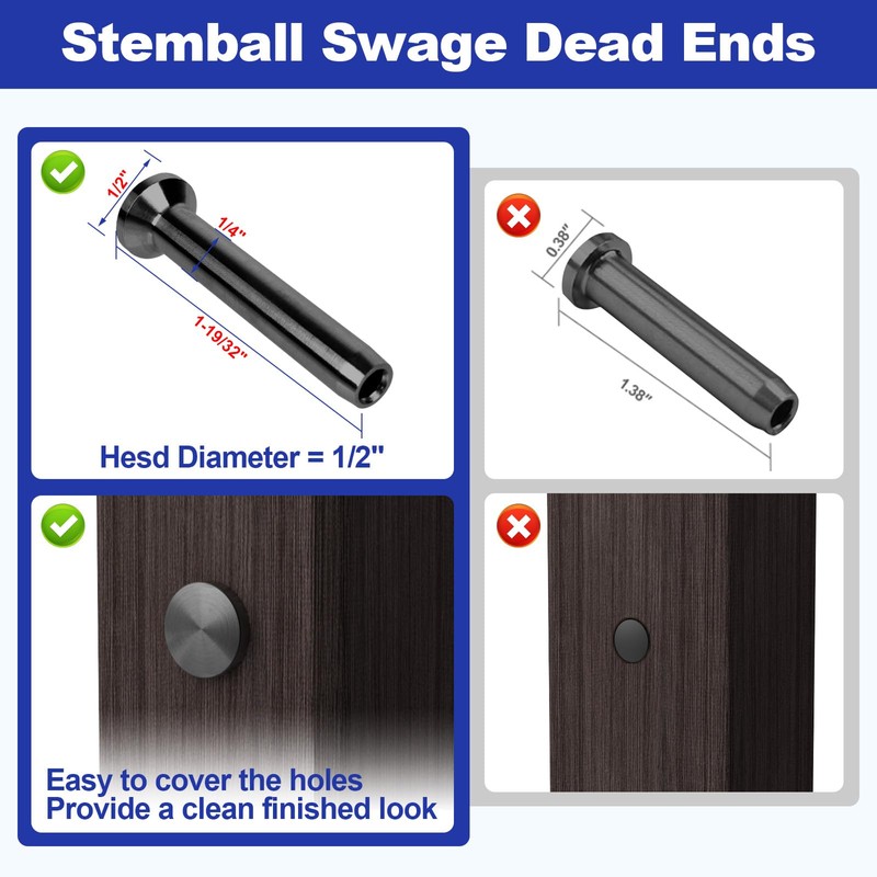 BLIKA 40Pack 1/8" Stainless Steel Black Stemball Swage Dead Ends