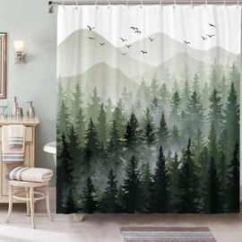 Accnicc Extra Long Green Misty Forest Shower Curtain Set Ombre Sage Green White Waterproof Fabric Shower Curtains Nature Tree Mountain Woodland Decorative Bathroom Bath Curtain (Green, 72'' × 78'')