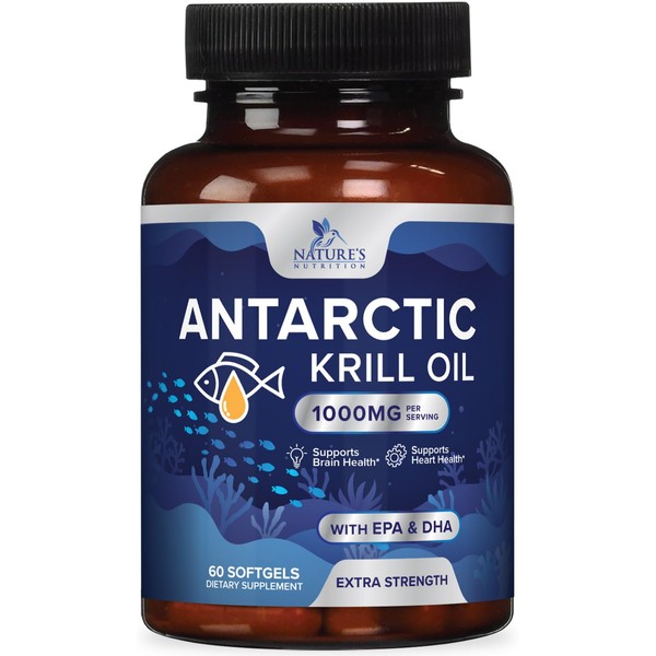 Antarctic Krill Oil 1000mg, Omega-3s EPA, DHA, with Astaxanthin Supplement Sourced from Red Krill - Maximum Strength Omega 3 Brain Health Support with Phospholipids - 30 Servings, 60 Softgels